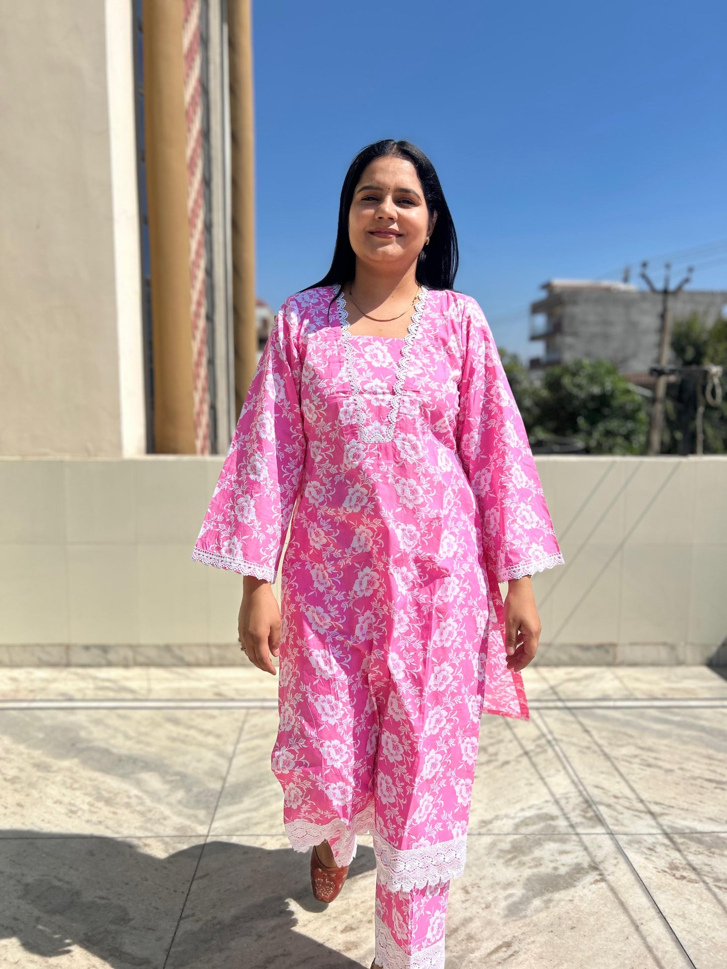 Pink White Floral Cotton Suit Set
