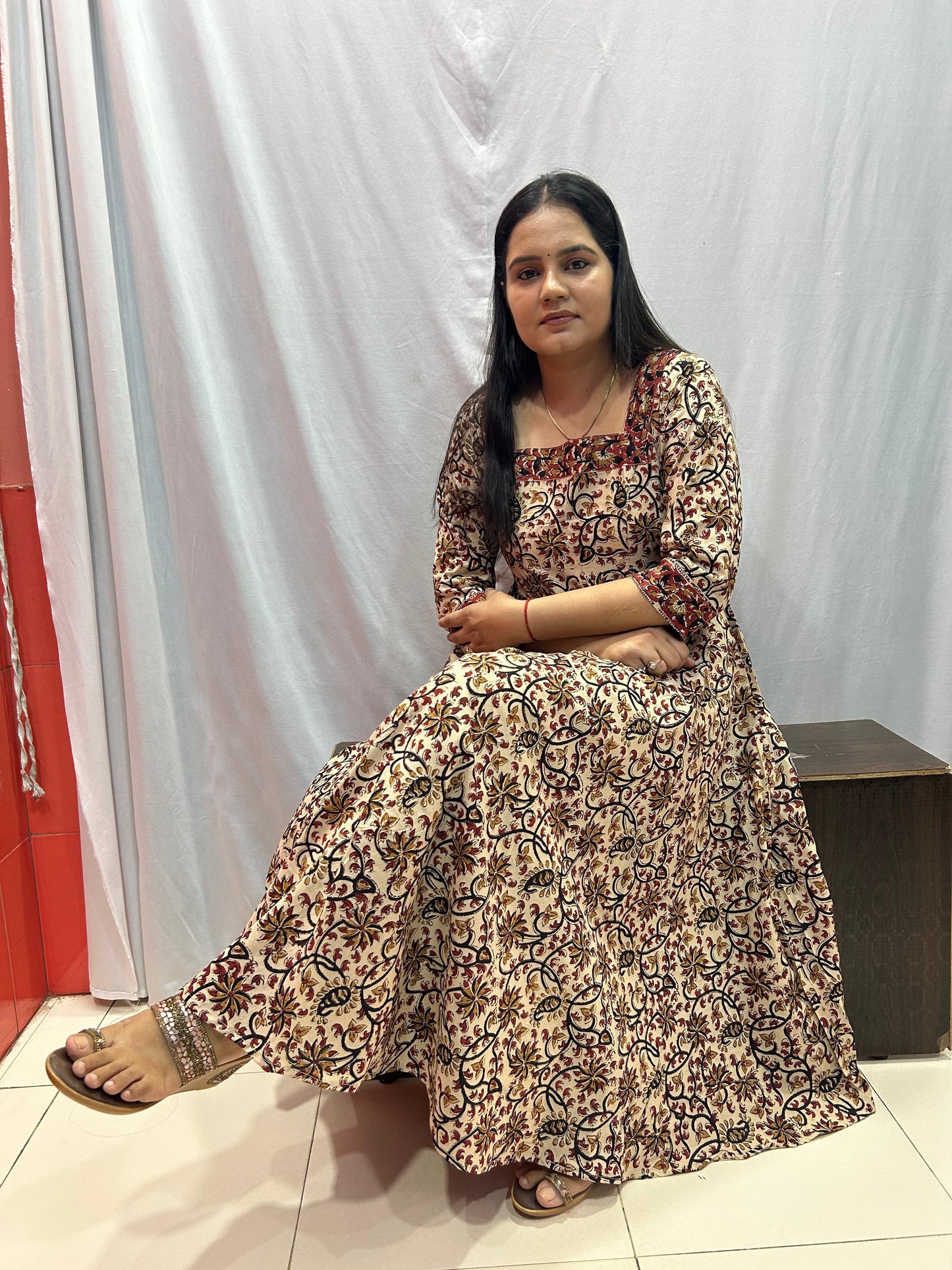 Brown Brick Red Floral Cotton Suit Set