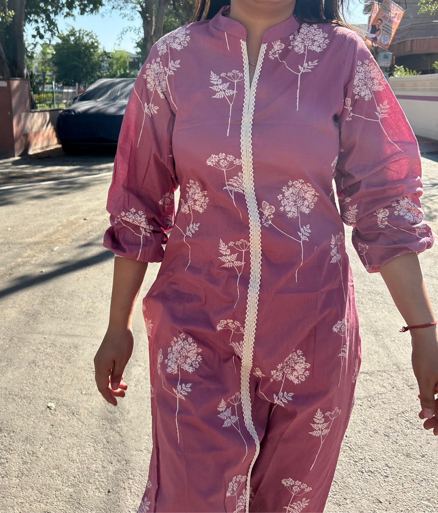 Pink with Floral Print and Lace Suit Set