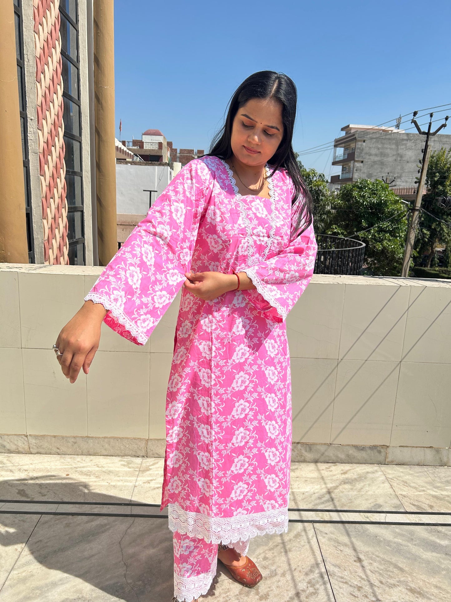 Pink White Floral Cotton Suit Set