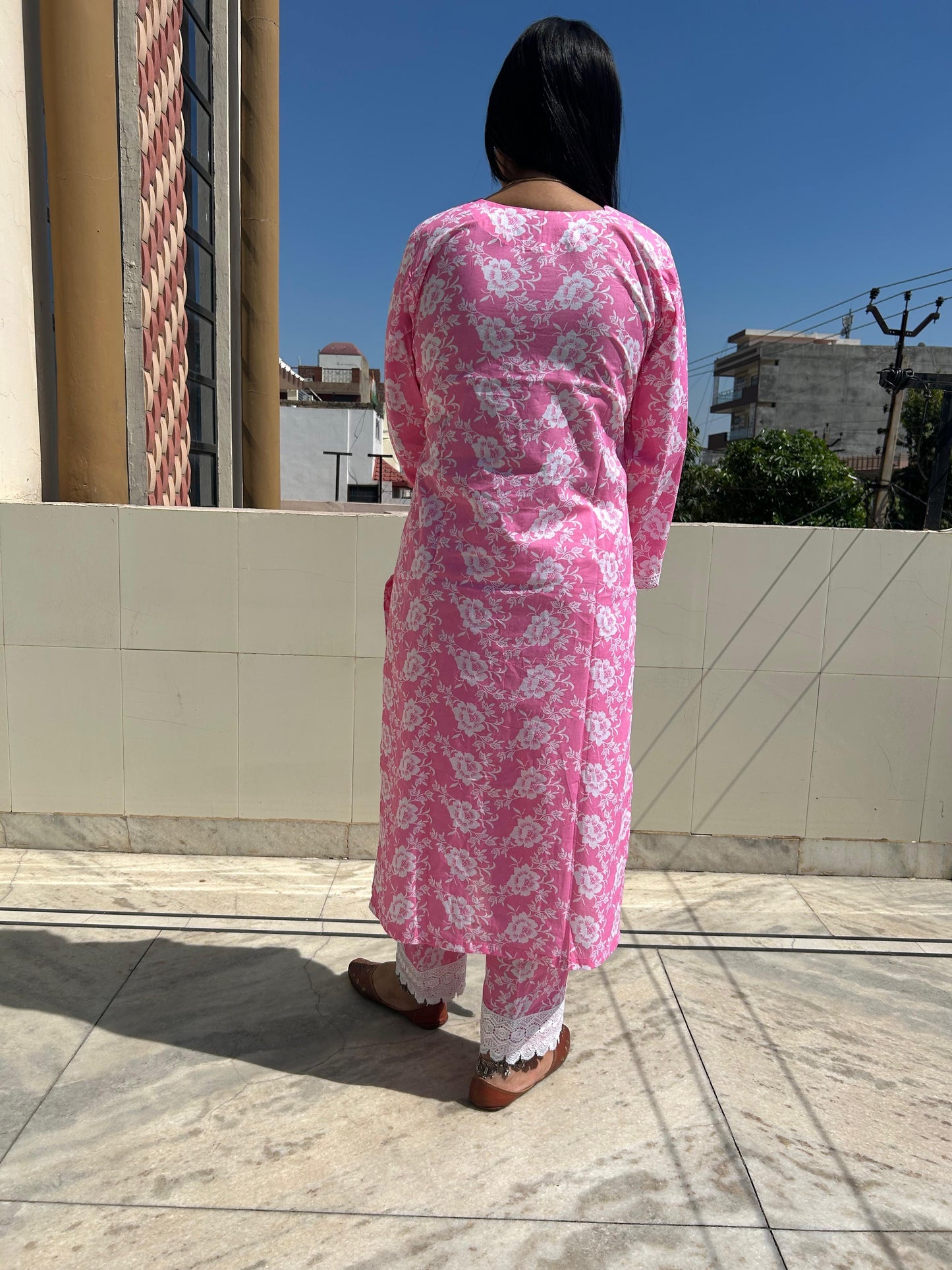 Pink White Floral Cotton Suit Set