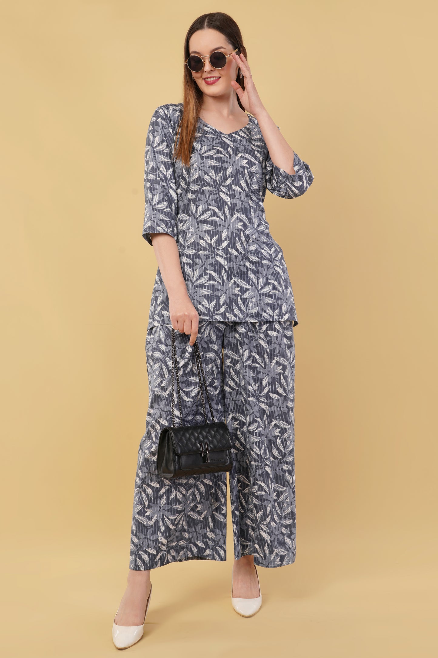 Dark Blue Leaves Design Co-Ord Set