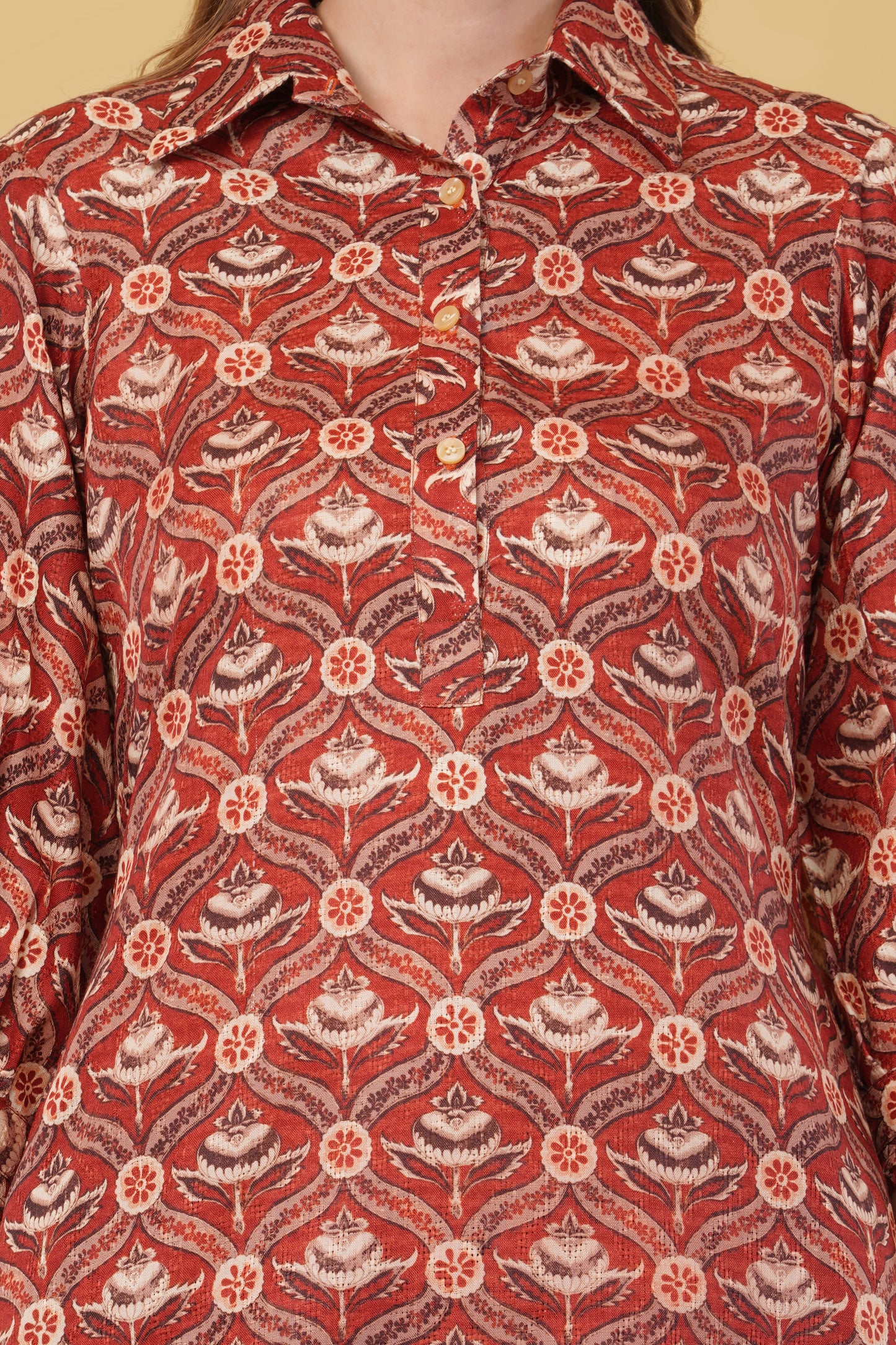 Red Block Print Cotton Linen Blend Co-Ord Set