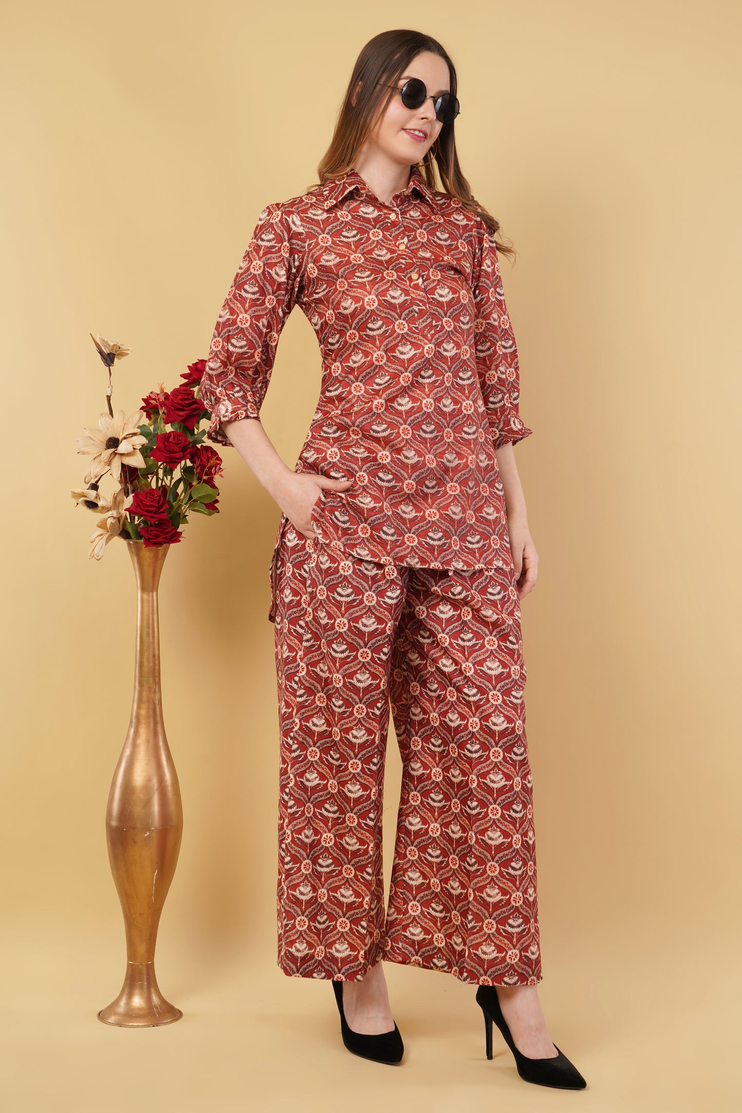 Red Block Print Cotton Linen Blend Co-Ord Set