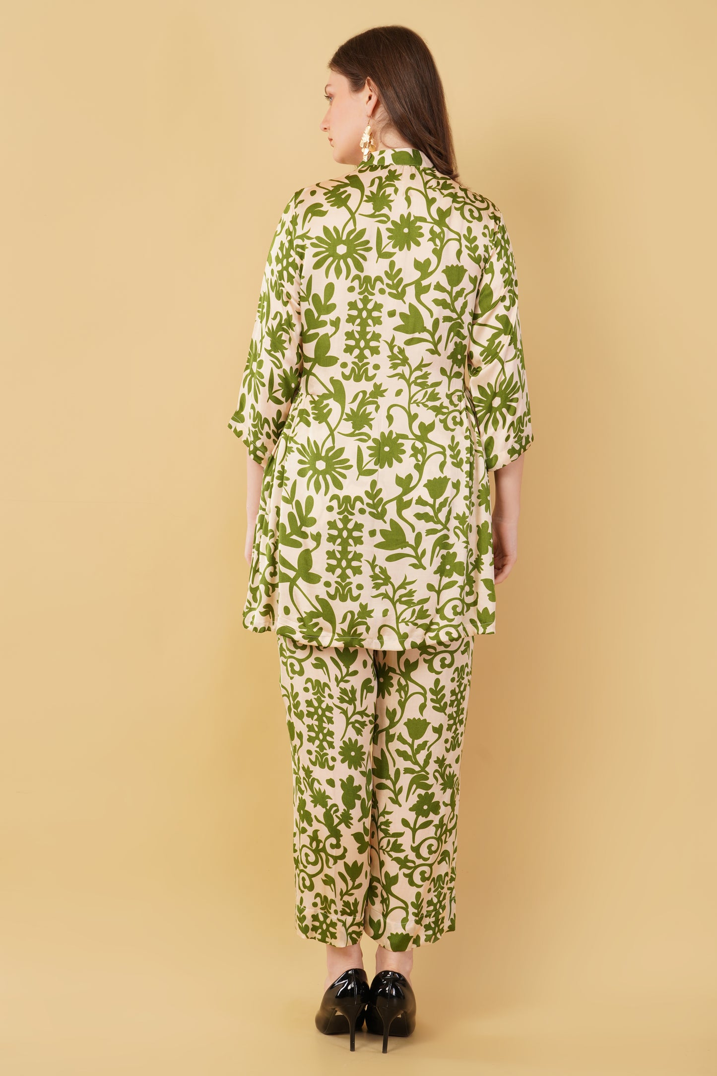 Beige Green Floral Muslin Co-ord Set
