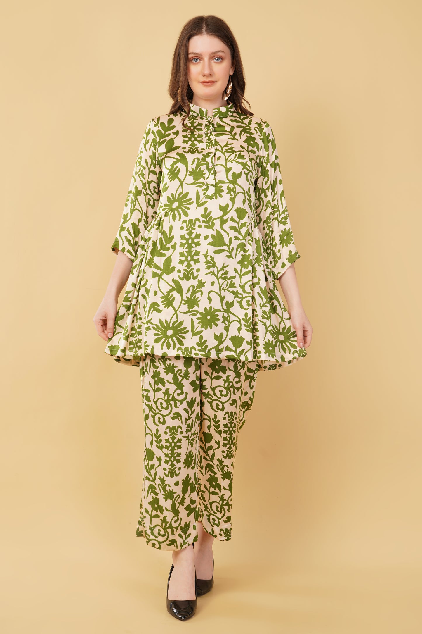 Beige Green Floral Muslin Co-ord Set