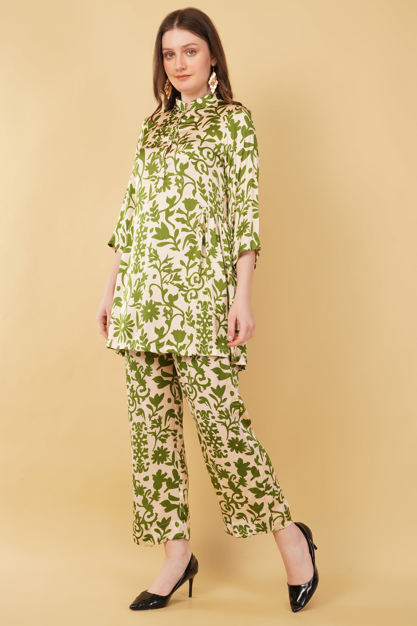 Beige Green Floral Muslin Co-ord Set