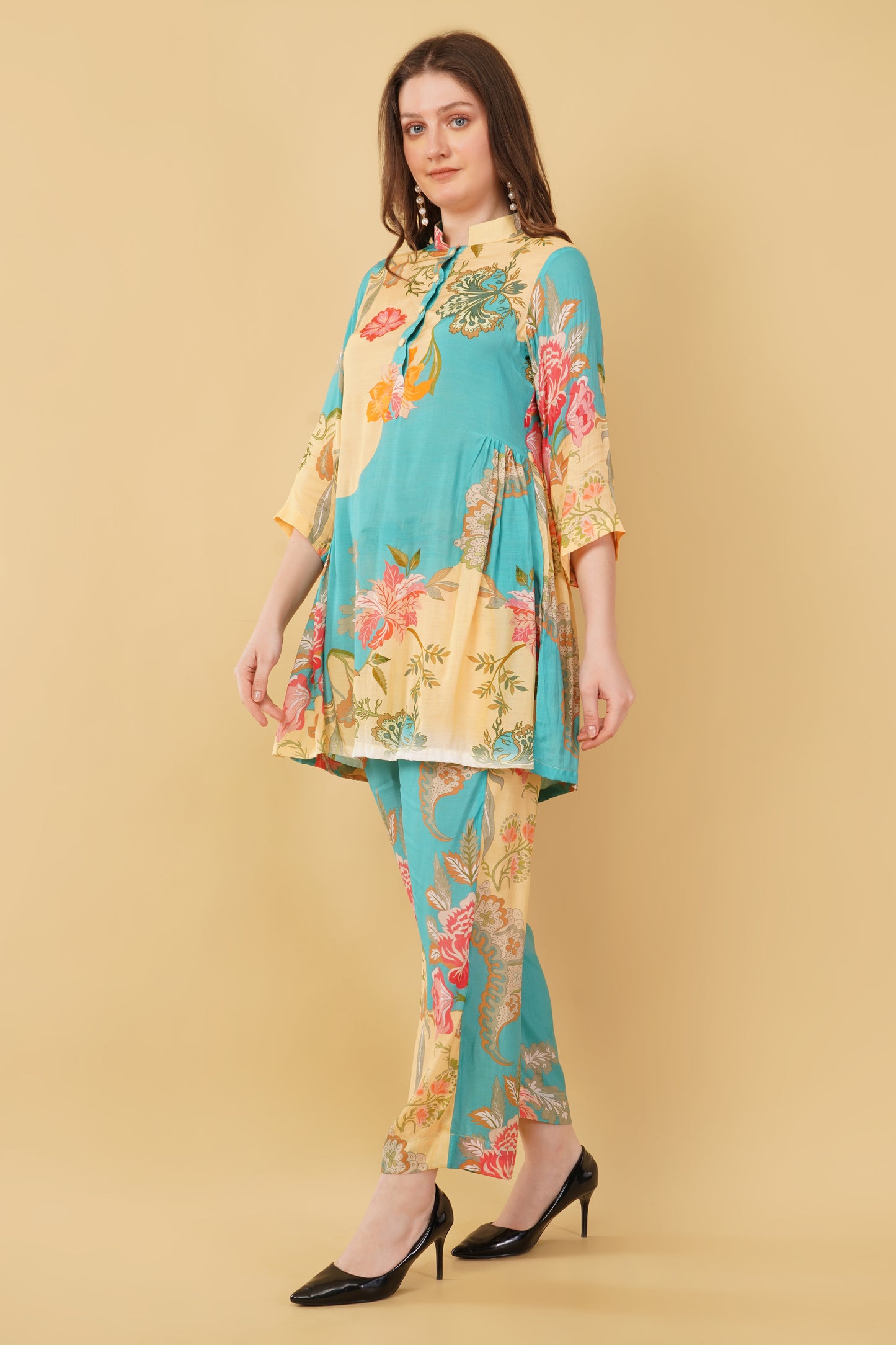 Blue Beige Floral Muslin Co-Ord Set