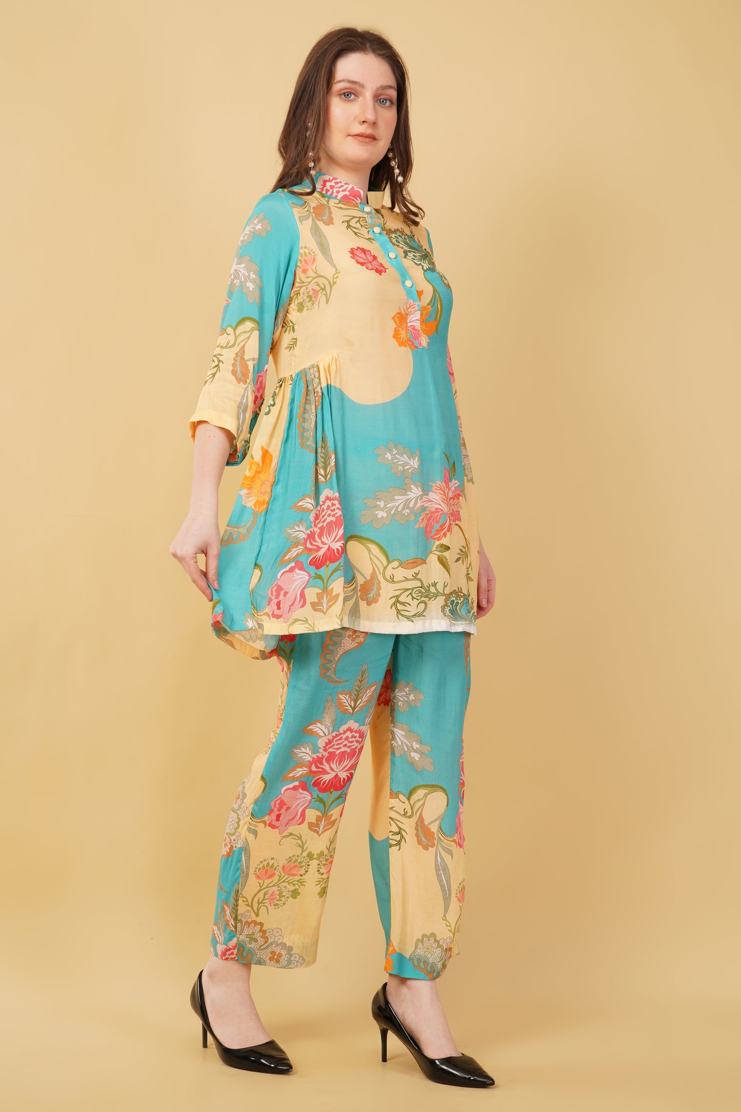 Blue Beige Floral Muslin Co-Ord Set