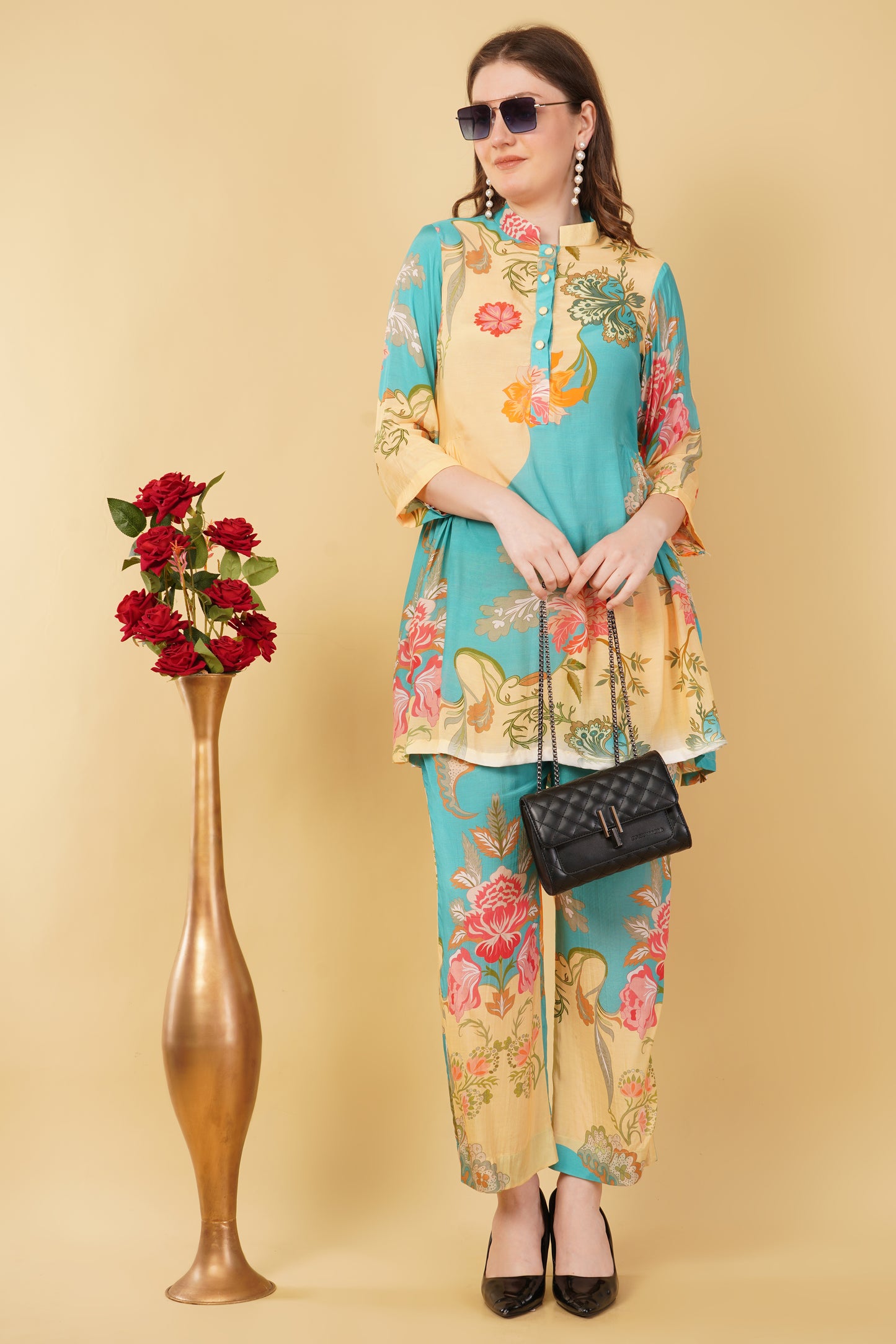 Blue Beige Floral Muslin Co-Ord Set