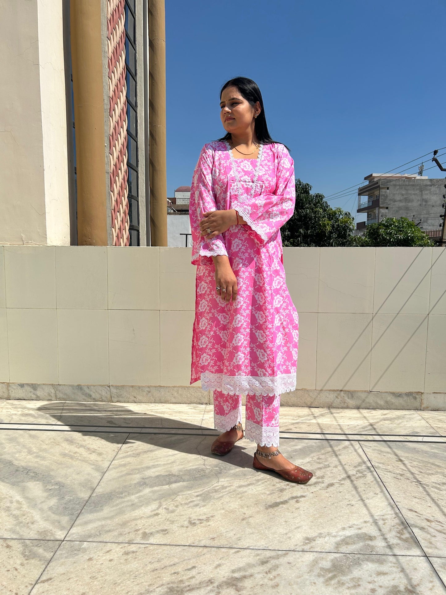 Pink White Floral Cotton Suit Set