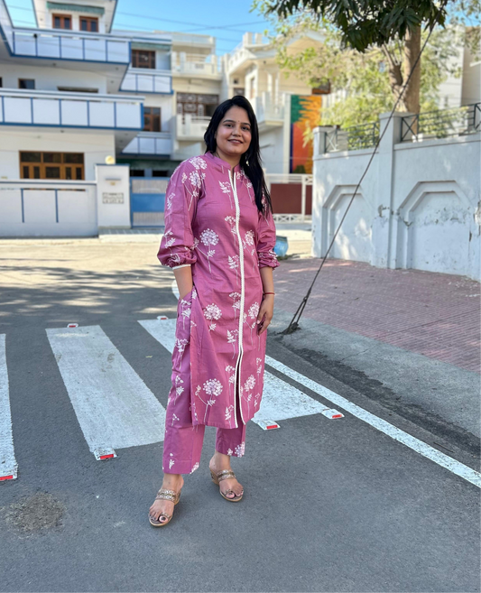 Pink with Floral Print and Lace Suit Set