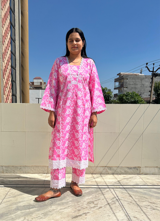 Pink White Floral Cotton Suit Set
