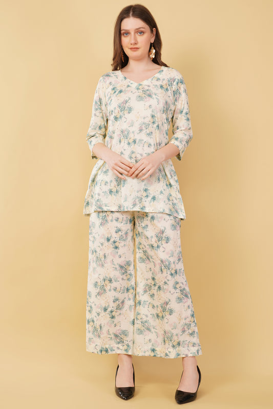 White Floral Print Cotton Co-Ord Set