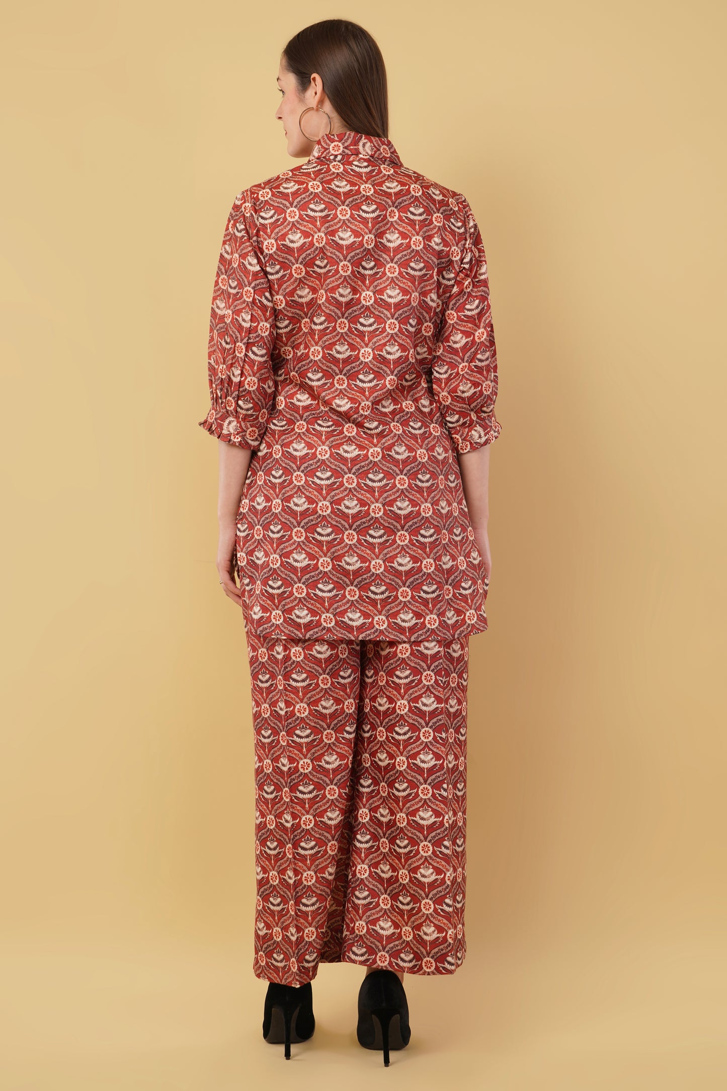 Red Block Print Cotton Linen Blend Co-Ord Set