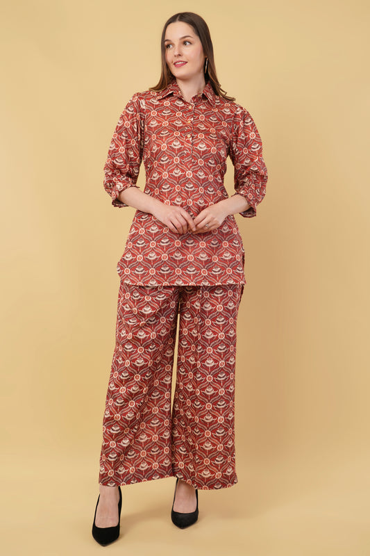 Red Block Print Cotton Linen Blend Co-Ord Set