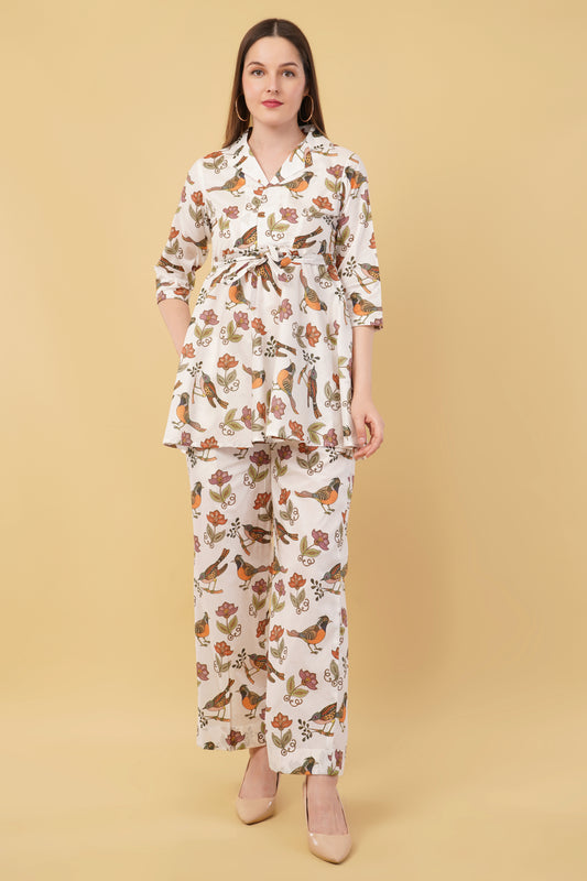 White Bird and Flower Design Co-Ord Set