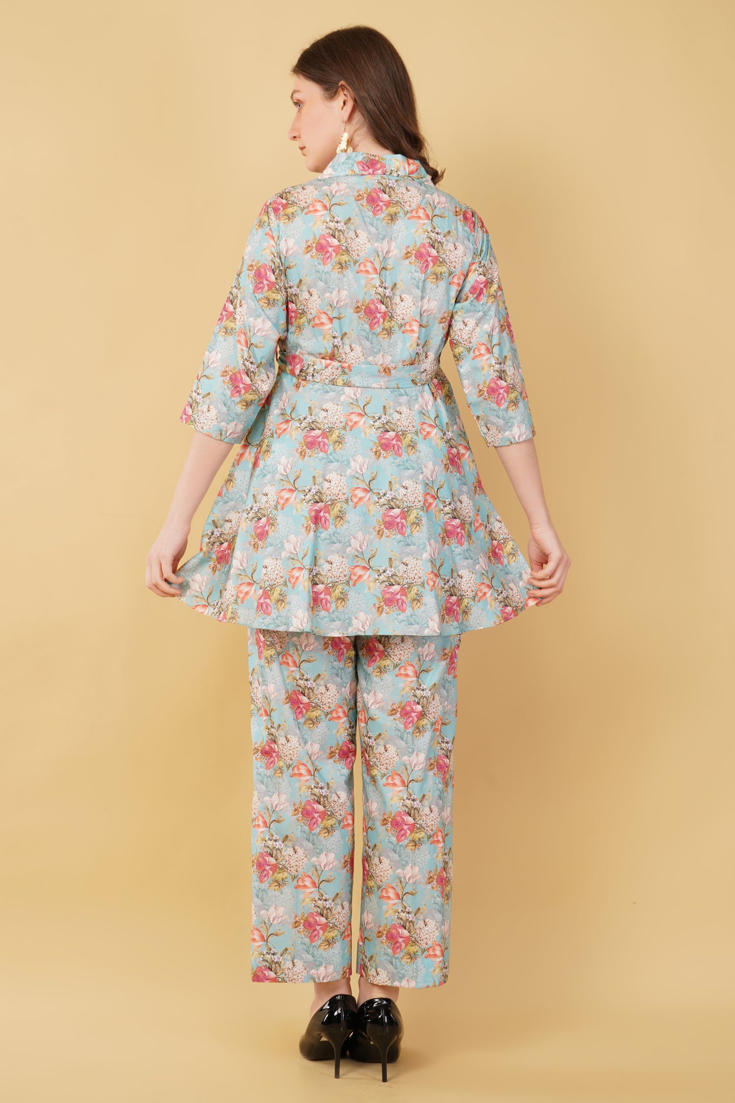 Sky Blue Floral Kurti Cotton Co-ord set