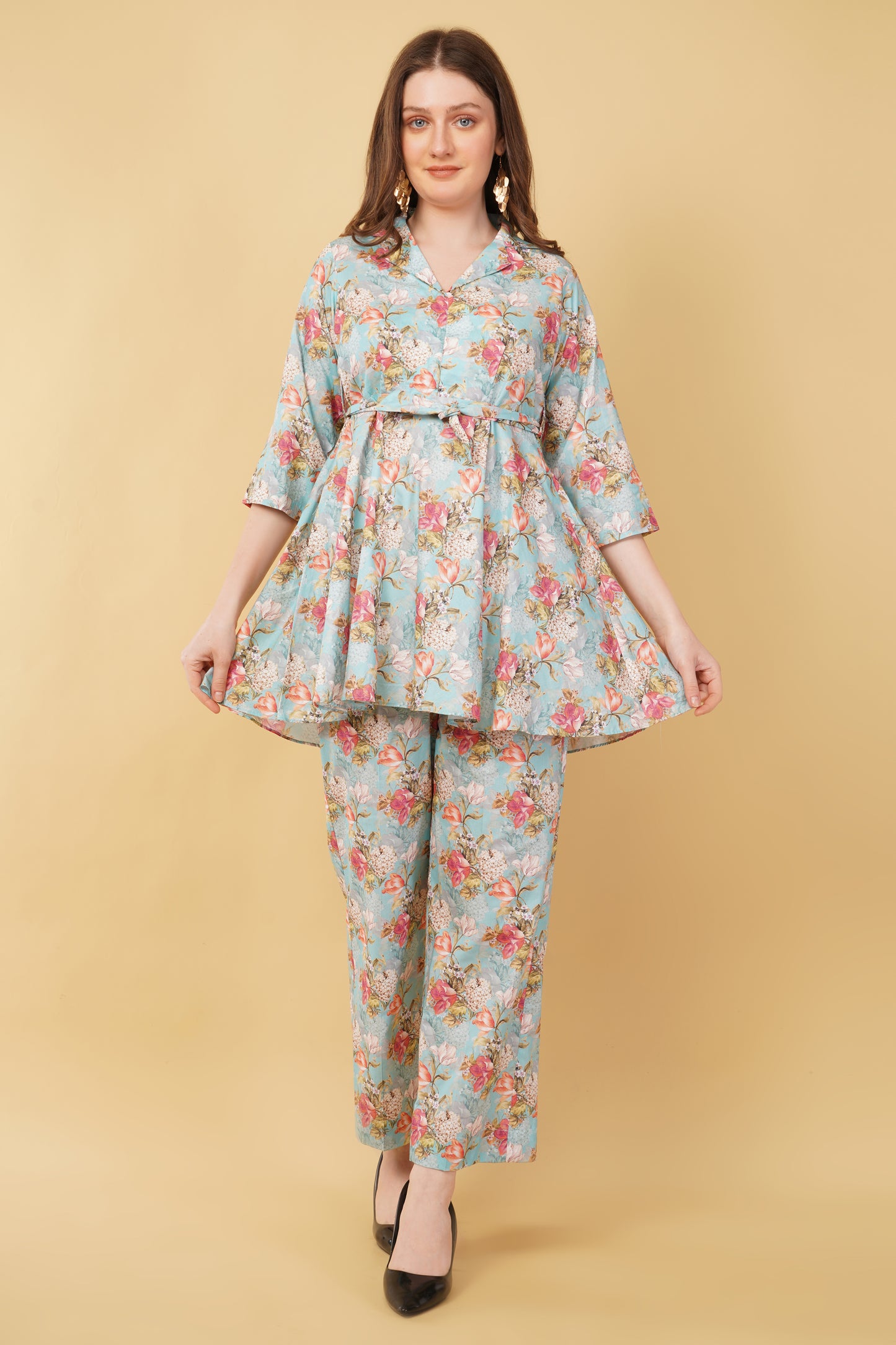 Sky Blue Floral Kurti Cotton Co-ord set