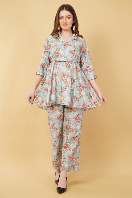 Sky Blue Floral Kurti Cotton Co-ord set