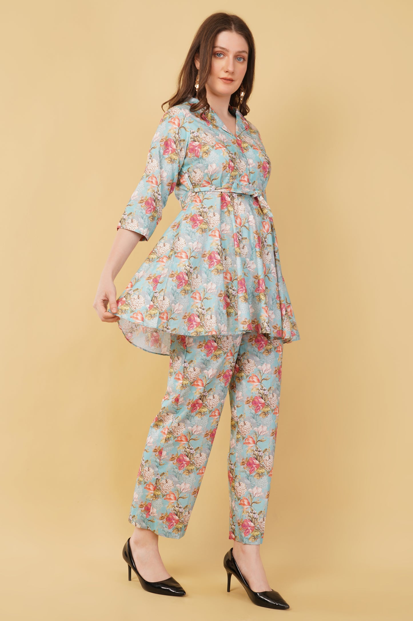 Sky Blue Floral Kurti Cotton Co-ord set