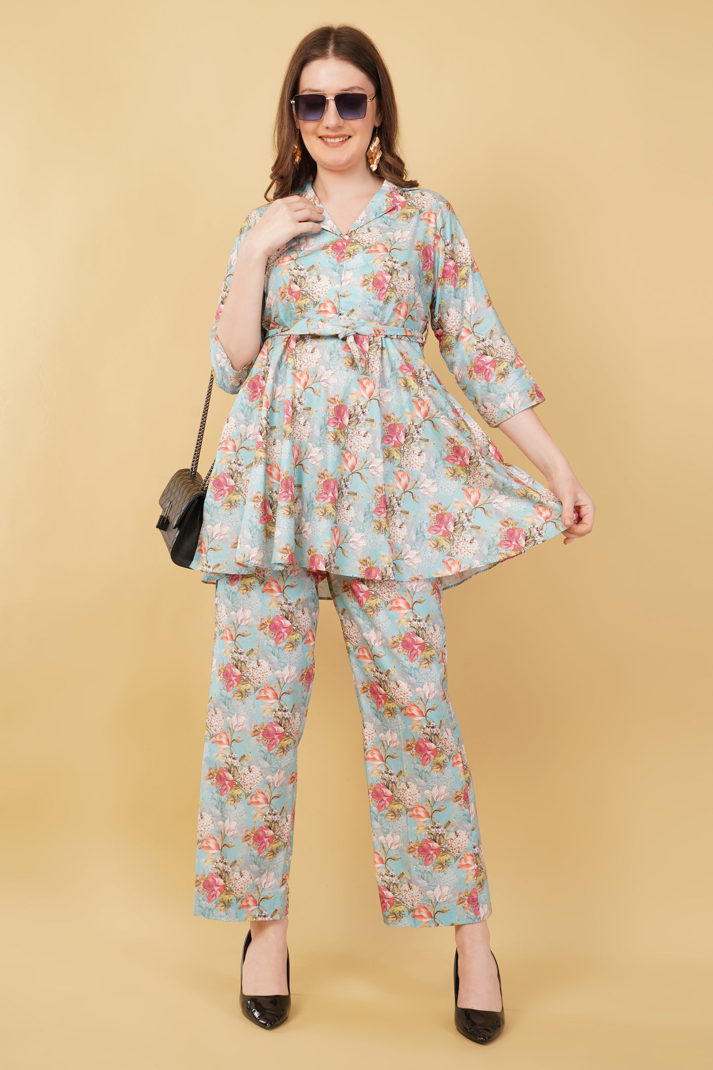 Sky Blue Floral Kurti Cotton Co-ord set