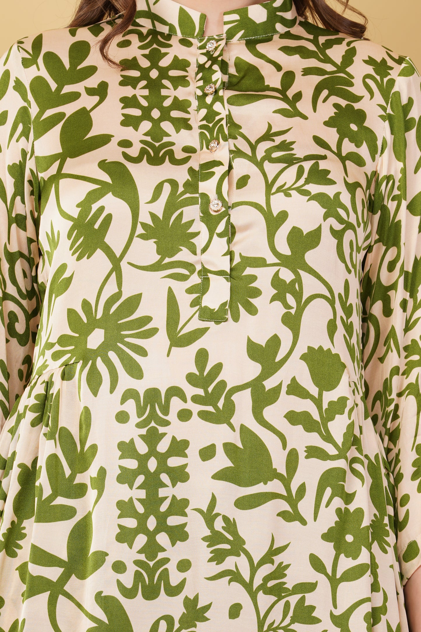 Beige Green Floral Muslin Co-ord Set