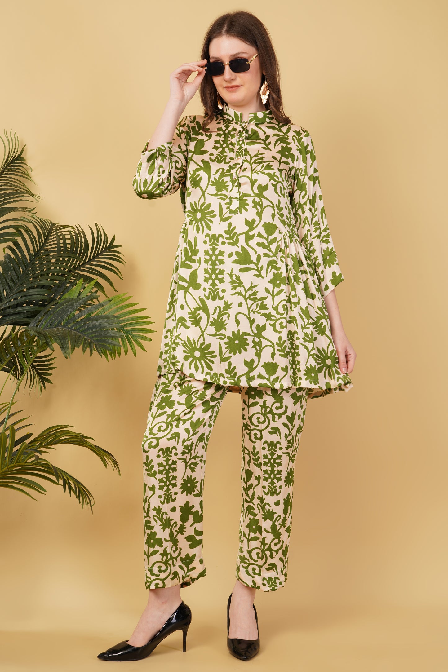 Beige Green Floral Muslin Co-ord Set