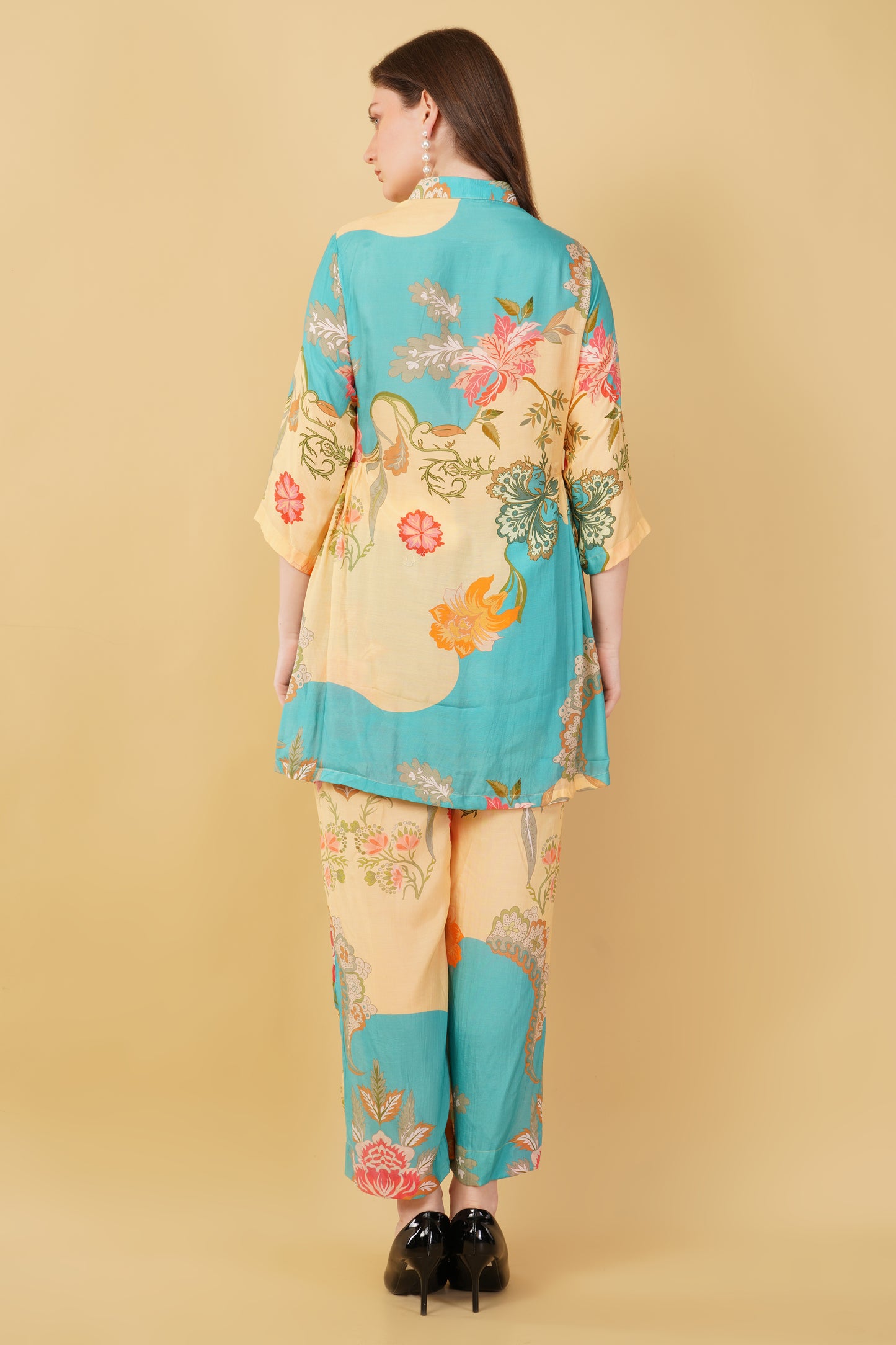 Blue Beige Floral Muslin Co-Ord Set