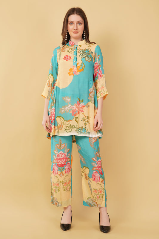 Blue Beige Floral Muslin Co-Ord Set