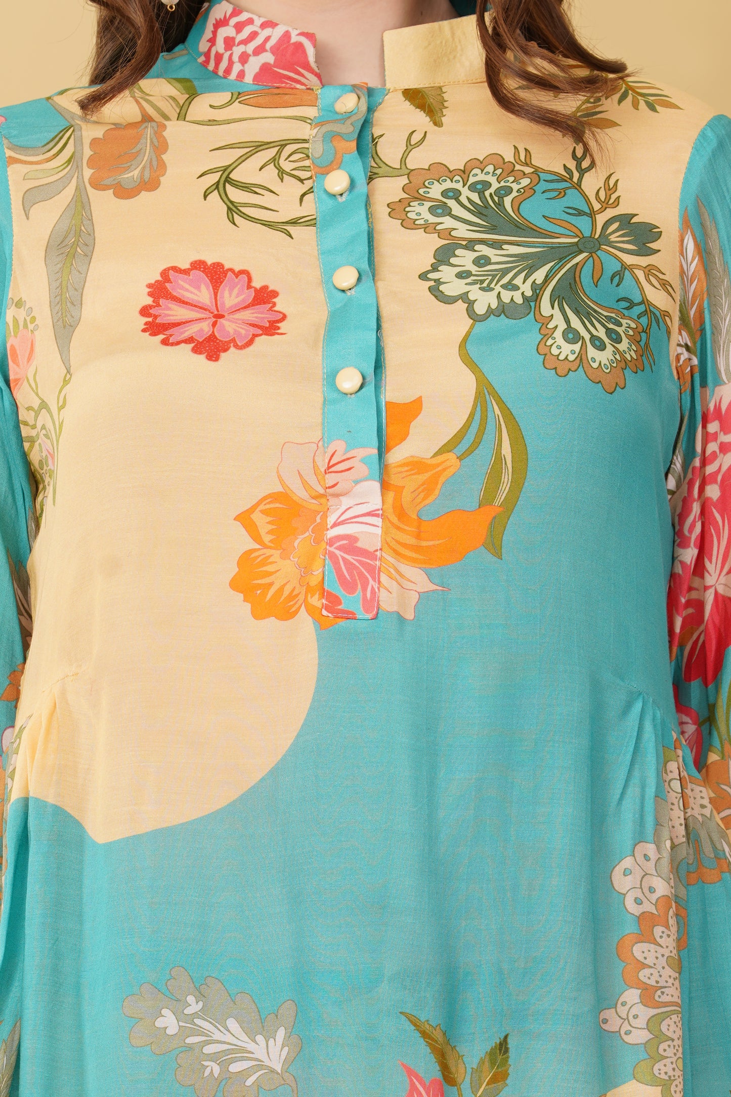 Blue Beige Floral Muslin Co-Ord Set