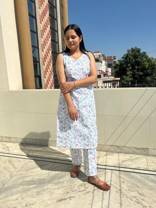 White Base Straight Floral Cotton Suit Set