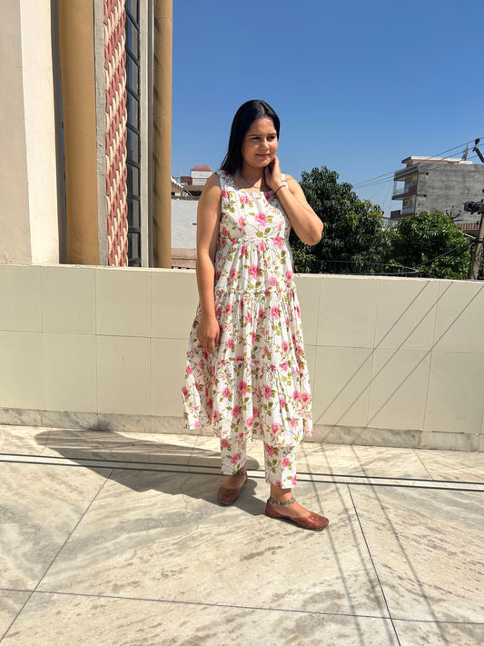 White Base Floral Cotton Suit Set